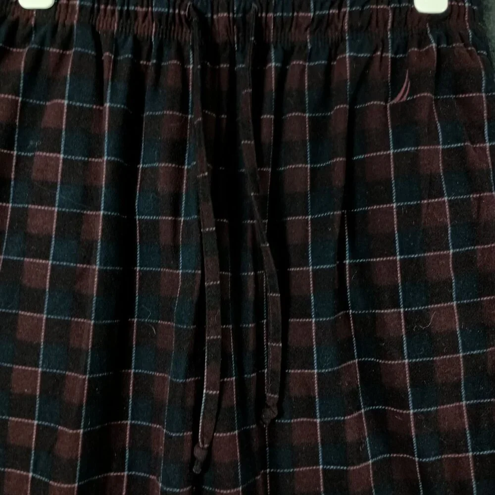 Nautica Plaid Flannel Pajama Pants Mens M Burgandy Black Loungewear Cozycore